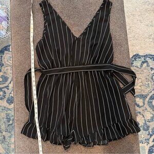 SHEIN Pinstriped Black Romper with Belt
